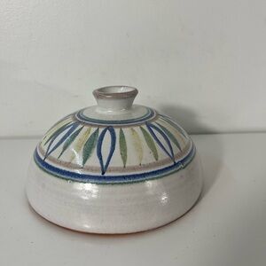 Handmade Wheel Thrown Pottery Cloche Cover with Handle Painted Glaze Signed